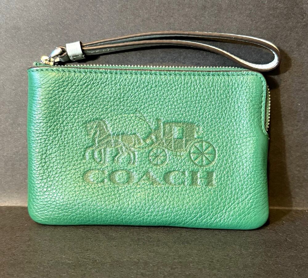 Coach C8717 Corner Zip Wristlet Green Multi Horse Carriage Leather Wallet
